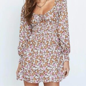 Princess Polly Floral Long Sleeve Dress - Brown, Pink, White